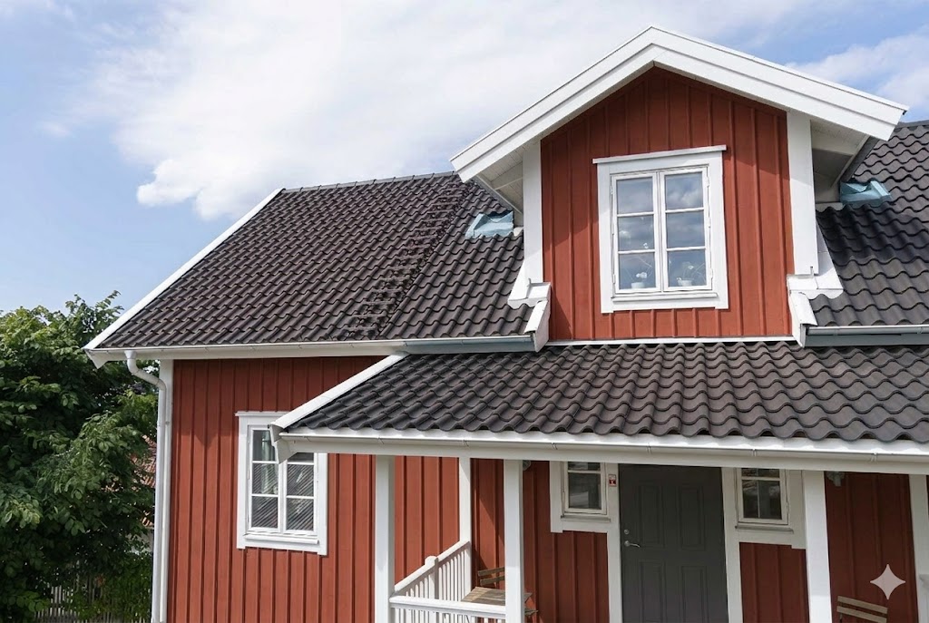 Röd stuga med nylagt tak och tegelpannor i Halmstad
